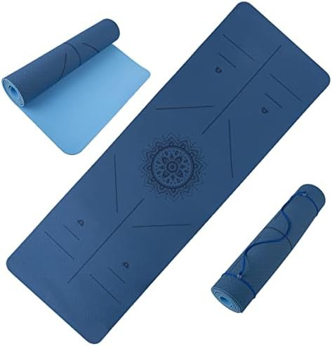 Blue yoga mat with alignment marks